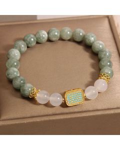 Buddha Stones Natural Green Jade White Agate Five Scriptures Abundance Bracelet - Jade(Wrist Circumference: 14-16cm)