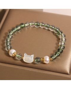 Buddha Stones Natural Green Phantom Pearl Shell Cat Head Lucky Bracelet - Green Phantom(Wrist Circumference 14-16cm)