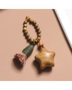 Buddha Stones Natural Green Sandalwood Colored Rope Tassels Star Moon Abundance Key Chain - Moon (29*32mm)