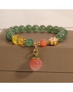 Buddha Stones Natural Green Strawberry Quartz Love Peach Charm Bracelet - Green Strawberry Quartz(Soothing♥Calm)(Wrist Circumference 14-16cm)
