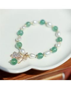 Buddha Stones Natural Green Strawberry Quartz Pearl Flower Charm Love Bracelet - Green Strawberry Quartz(Soothing♥Calm)