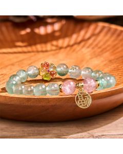Buddha Stones Natural Green Strawberry Quartz Soothing Fu Character Bracelet - Green Strawberry Quartz(Wrist Circumference: 14-18cm)