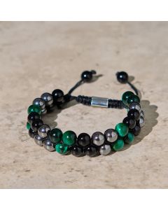 Buddha Stones Natural Green Tiger Eye Black Magnetite Black Obsidian Double Row Beads Positive Bracelet - Green Tiger Eye&Black Magnetite&Black Magnetite (Wrist Circumference: 16-24cm)