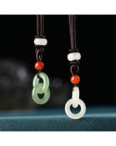 Buddha Stones Natural Hetian Cyan Jade White Jade Double Peace Buckle Success Necklace Pendant - Hetian White Jade(Protection♥Happiness)