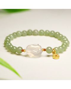 Buddha Stones Natural Hetian Jade Agate Rabbit Copper Coin Luck Bracelet - 6mm Hetian Jade(Wrist Circumference 14-16cm)