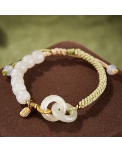 Buddha Stones Natural Hetian Jade Bead Double Peace Buckle Fu Character Abundance Braided Bracelet - 15mm Double Peace Buckle(Wrist Circumference 14-17cm)