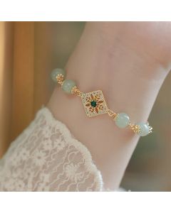 Buddha Stones Natural Hetian Jade Bead Square Pattern Luck Chain Bracelet - Jade(Prosperity♥Abundance)(Wrist Circumference 14-15cm)