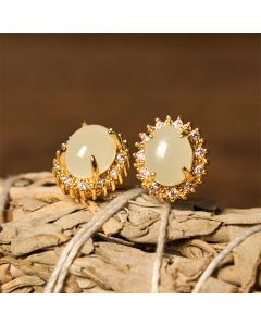 Buddha Stones Natural Hetian Jade Egg Copper Prosperity Earrings - Hetian Jade