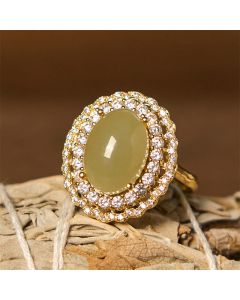 Buddha Stones Natural Hetian Jade Egg Hollow Double Circle Zirconia Copper Open Abundance Ring - Hetian Jade