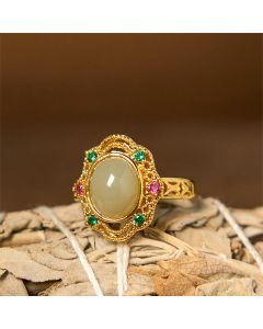 Buddha Stones Natural Hetian Jade Egg Hollow Pattern Copper Open Luck Ring - Hetian Jade