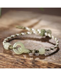 Buddha Stones Natural Hetian Jade Peace Buckle Luck Braided Bracelet - 20cm