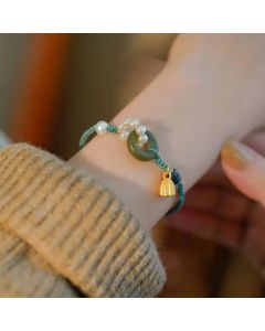 Buddha Stones Natural Hetian Jade Peace Buckle Pearl Luck Handcrafted Braided Bracelet - Peace Buckle Jade&Flower(Wrist Circumference 14-19cm)