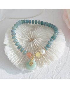 Buddha Stones Natural Hetian Jade Pearl Peace Buckle Fu Character Gourd Money Bag Strawberry Quartz PiXiu Luck Bracelet - Hetian Jade Strawberry Quartz PiXiu