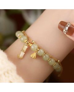 Buddha Stones Natural Hetian Jade Prosperity Lotus Bamboo Charm Bracelet - Hetian Jade(Wrist Circumference 14-16cm)