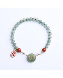 Buddha Stones Natural Hetian Jade Red Agate Peace Buckle Lucky Fortune Bracelet - Hetian Jade(Prosperity♥Abundance)(Wrist Circumference 14-16cm)