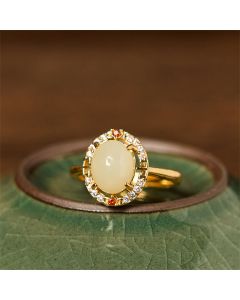 Buddha Stones Natural Hetian Jade Zirconia Egg Copper Open Luck Ring - Hetian Jade
