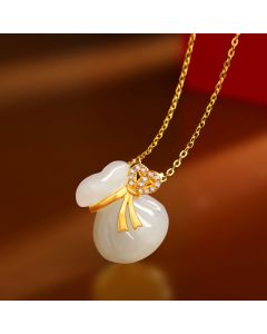 Buddha Stones Natural Hetian White Jade Luck Money Bag Necklace Pendant - Hetian White Jade(Protection♥Happiness)