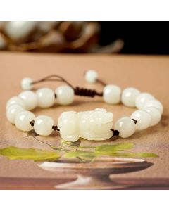 Buddha Stones Natural Hetian White Jade PiXiu Wealth String Bracelet - Om Mani Padme Hum White Jade Pixiu / Women