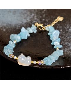 Buddha Stones Natural Irregular Aquamarine Cute Cat Healing Bracelet - Aquamarine(Wrist Circumference: 15cm)