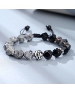 Buddha Stones Natural Irregular Cut Obsidian Grey Jasper 925 Sterling Silver Rolled Leaf Bead Protection Bracelet - Obsidian&Grey Jasper-8mm
