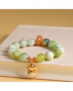 Buddha Stones Natural Jade Dancing Lion Charm Prosperity Luck Bracelet - Beads(10mm)