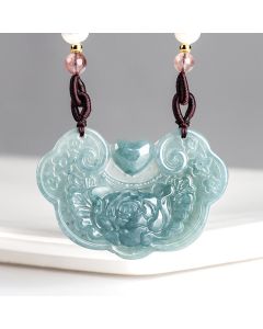 Buddha Stones Natural Jade Peony Flower Lock of Good Wishes Prosperity Necklace Pendant - Jade(Prosperity♥Abundance)