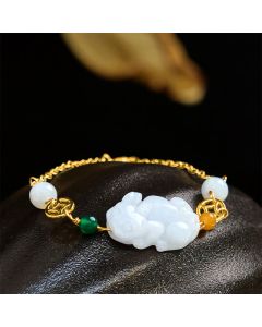Buddha Stones Natural Jade PiXiu Carved Copper Coin Luck Chain Bracelet - Jade(Wrist Circumference: 14-20cm)