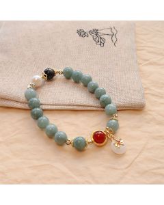 Buddha Stones Natural Jade Red Agate Pearl Bow Tie Luck Bracelet - Jade Beads Bow Tie Bracelet(Wrist Circumference: 14-16cm)