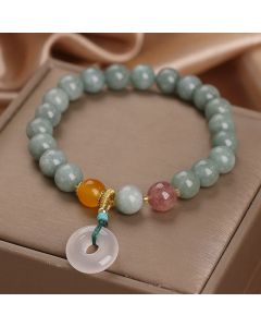 Buddha Stones Natural Jade Strawberry Quartz Bead Peace Buckle Prosperity Bracelet - Jade(Prosperity♥Abundance)(Wrist Circumference 14-17cm)