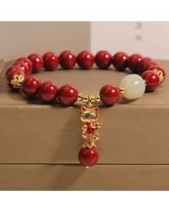 Buddha Stones Natural Lucky Cat Pendant Cinnabar Blessing Bracelet - Cinnabar(Wrist Circumference: 16-18cm)