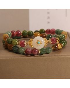 Buddha Stones Natural Multicolored Tourmaline Positive Jade Flower Double Wrap Bracelet - Tourmaline(Positive♥Love)(Wrist Circumference 14-16cm)Double Wrap