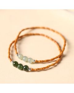 Buddha Stones Natural Olive Pit Bamboo Pattern Hetian Jade Beads Luck Bracelet - Olive Pit Hetian Cyan Jade Round Beads(Wrist Circumference 14-15cm)