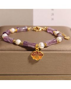Buddha Stones Natural Peace Lock Bamboo Shape Fu Character Amethyst Pearl Balance Bracelet - Amethyst(Wrist Circumference: 18-22cm)