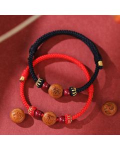 Buddha Stones Natural Peach Wood Chinese Zodiac Fu Character Carved Cinnabar Wealth Bracelet - Dog-Black(Wrist Circumference 14-18cm)