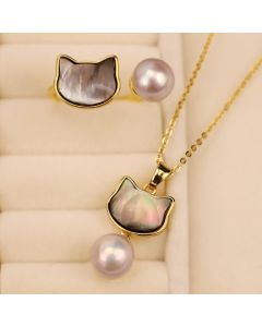 Buddha Stones Natural Pearl Copper Cat Healing Necklace Pendant Earrings - White-Necklace(Necklace Length: 40cm)