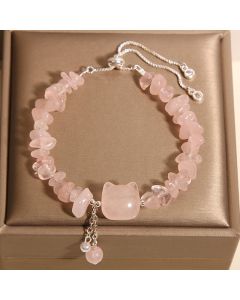 Buddha Stones Natural Pink Crystal Agate Gravel Stone Cat Head Soothing Bracelet - Agate Crystal(Wrist Circumference 14-16cm)