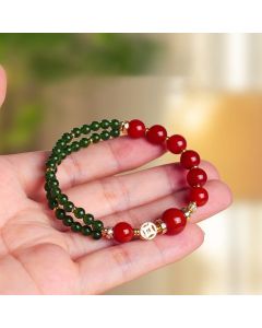 Buddha Stones Natural Red Agate Double Wrap Design Green Chalcedony Calm Bracelet - Red Agate(Wrist Circumference:13-15cm)