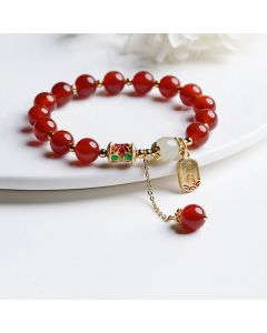 Buddha Stones Natural Red Agate Hetian Jade Fu Character Confidence Charm Bracelet - Red Agate Double Wrap Bracelet&Fu Character