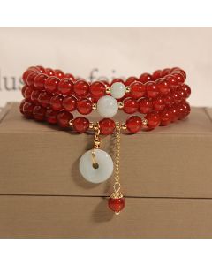 Buddha Stones Natural Red Agate Jade Peace Buckle Calm Triple Wrap Bracelet - Red Agate(Confidence♥Calm)
