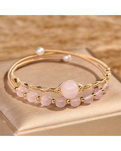 Buddha Stones Natural Rose Quartz Love Healing Metal Cuff Bracelet Bangle - Rose Quartz(Wrist Circumference 14-16 cm)