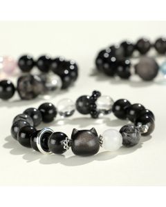 Buddha Stones Natural Silver Sheen Obsidian Cat Head Fox Planet Protection Bracelet - Silver Sheen Obsidian Planet(Wrist Circumference 14-16.5cm)