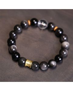 Buddha Stones Natural Silver Sheen Obsidian Crystal Om Mani Padme Hum Bead Protection Bracelet - Silver Sheen Obsidian Golden Rutilated Quartz
