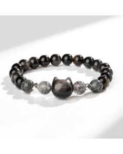 Buddha Stones Natural Silver Sheen Obsidian Cute Cat Head Protection Bracelet - Silver Sheen Obsidian&White Agate(Wrist Circumference 14-15cm)