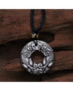 Buddha Stones Natural Silver Sheen Obsidian Double PiXiu Copper Coin Peace Buckle Protection Necklace Pendant - Silver Sheen Obsidian(Communication♥Soothing)