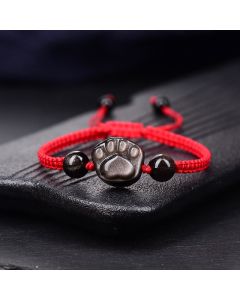 Buddha Stones Natural Silver Sheen Obsidian Gold Sheen Obsidian Cute Cat Paw Claw Protection Rope Bracelet - Gold Sheen Obsidian / Black Rope(Wrist Circumference 14-19cm)