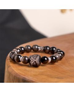 Buddha Stones Natural Silver Sheen Obsidian Lion Dance Protection Bracelet - Silver Sheen Obsidian -0.55in(Wrist Circumference: 8.3-8.7in