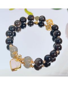 Buddha Stones Natural Silver Sheen Obsidian Love Heart Star Flower Protection Bracelet - Silver Sheen Obsidian&Flower