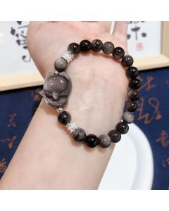 Buddha Stones Natural Silver Sheen Obsidian Nine Tailed Fox Communication Bracelet - Silver Sheen Obsidian Fox(Wrist Circumference 14-16cm)