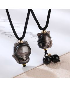 Buddha Stones Natural Silver Sheen Obsidian Nine Tailed Fox Protection Necklace Pendant - Fox