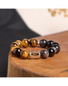 Buddha Stones Natural Silver Sheen Obsidian Tiger Eye Vajra Protection Bracelet - Silver Sheen Obsidian & Tiger Eye(Wrist Circumference: 8.3-8.7in(21-22cm))